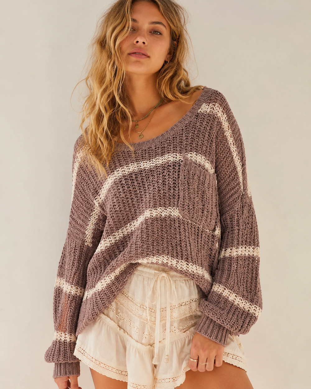 Free People Striped Crochet Knit Sweater Womens XS Tan Boho Open Knit Slouchy